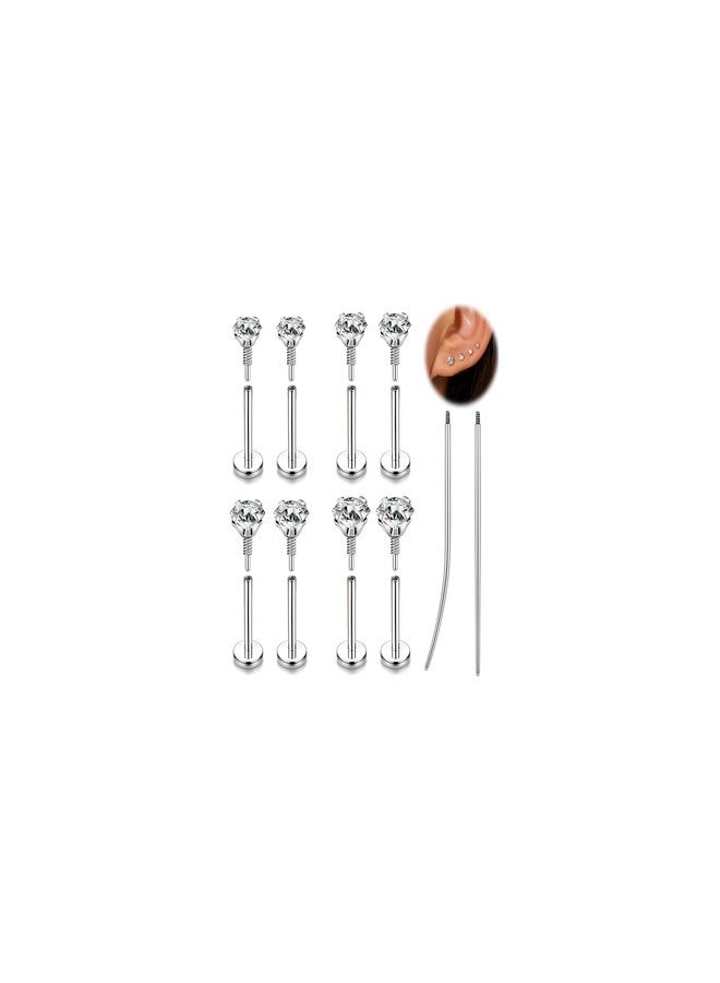 BodyAce 16G 18G Tragus Piercing Labret Medusa Jewelry, Long Internally Threaded Nose Stud Flat Back Earrings, Surgical Steel CZ Monroe Lip Rings Cartilage Helix Studs [Silver;1.2mm=16G,BL:8mm] - Image 1